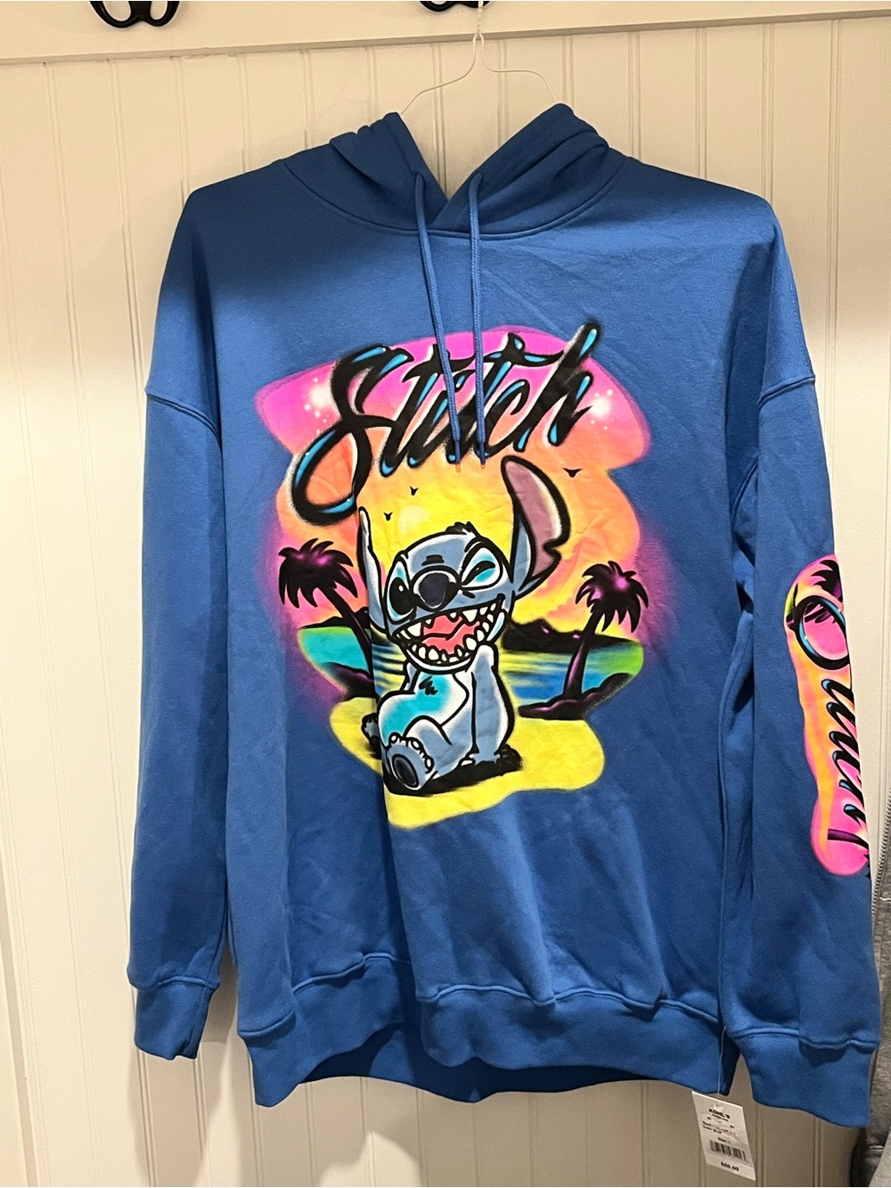 Women’s Disney Stitch Graphic Blue Hoodie with Neon Beach Print New! Cute! Large